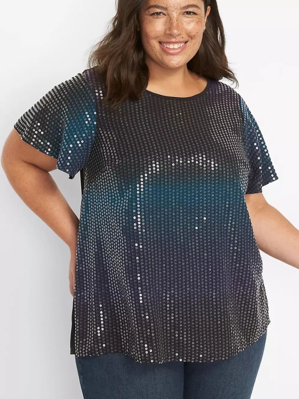 Lane Bryant Blue Purple Ombre Sequins Flutter Sleeves Top Size 14-16 New
